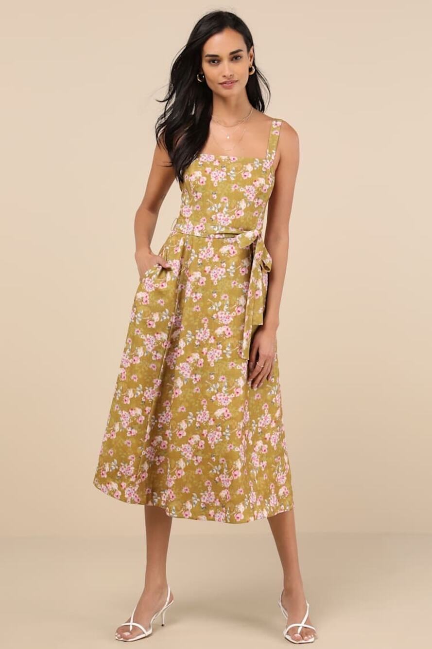 NWT Lulus Sunny Posture Chartreuse Floral Sleeveless Midi Dress Resort Size S